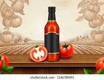 Ketchup retro ads with 3d illustration blank package on engraving style tomato orchard background