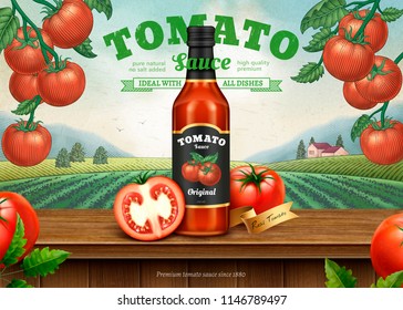 Ketchup retro anúncios com pacote de ilustração 3D no estilo de gravação de fundo pomar de tomate