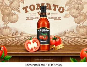 Ketchup retro ads with 3d illustration package on engraving style tomato orchard background