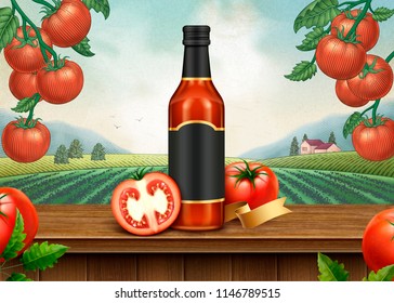 Ketchup retro ads with 3d illustration blank package on engraving style tomato orchard background