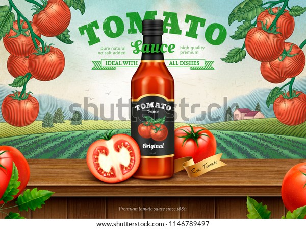 彫刻スタイルのトマト果樹園の背景にレトロな広告と3dイラストパッケージ のベクター画像素材 ロイヤリティフリー