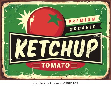 Ketchup retro sign with juicy tomato on green background. Vector illustration.