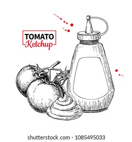 Ketchup sauce bottle with tomatoes. Vector drawing. Food flavor in plastic container and bowl. Vintage engraved illustration isolated on white background. Fastfood ingredient sketch