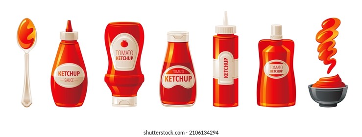 Botella de salsa de Ketchup. Ilustración de tomate vectorial. Juego de iconos con recipiente de tomate - frasco de vidrio, botella de plástico, tazón, salpicado aislado. Diseño de comida caliente roja, salsa 3d de maquillaje plano, caricatura realista