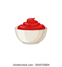 Ketchup sauce bowl on white insulated background. Seasoning in a sauce pan. Vector cartoon illustration.