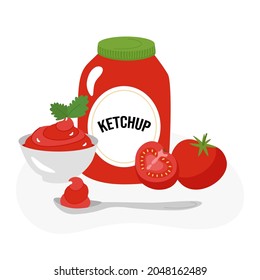 Ketchup, sauce in a jar, beautifully laid out next to it in a cup and on a spoon, a concept. Vector illustration in a cartoon flat hand-drawn style. For labels, design, banners, advertising.