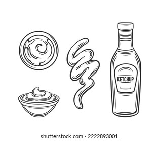 Iconos del contorno de la salsa Ketchup establecen la ilustración vectorial. Botella de dibujo a mano en línea de catsup de tomate, tira derramada y mancha salpicada de pasta de aderezo para comida, vista lateral y superior del platillo de tazón con ketchup