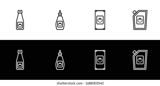 Ketchup sauce package icon set. Flat design icon collection isolated on black and white background. Bottle, squeeze, sachet, and doypack or stand up pouch.