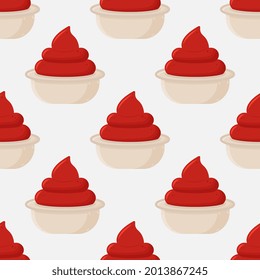 Ketchup sauce seamless pattern. Tomato catsup repeat food wallpaper pattern with sauce cup bowl.