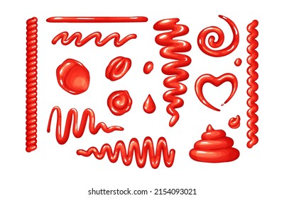 Ketchup sauce spots,splashes and drops sets from top view.Isolated vector elements in realistic style on white background.Illustration of red,tomato sauce in different stripes.