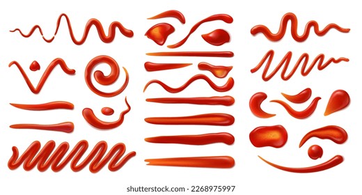 Ketchup sauce stains and splashes. Barbeque cooking, hot chili pepper or BBQ tomato ketchup sauce or spicy gravy paste realistic vector smear, isolated smudge, red condiment texture strokes set