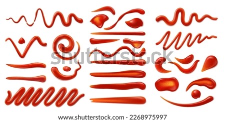 Ketchup sauce stains and splashes. Barbeque cooking, hot chili pepper or BBQ tomato ketchup sauce or spicy gravy paste realistic vector smear, isolated smudge, red condiment texture strokes set Stock foto © 