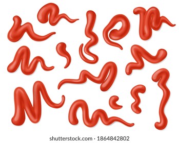 Ketchup sauce stains and splashes, vector tomato red splats and smears. Isolated 3d design of food condiment and spice. Realistic drops, splatters and blobs of sour vegetable paste and catsup set