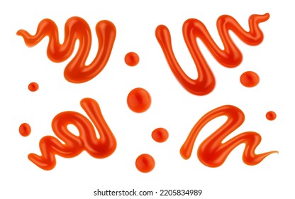 Ketchup sauce stains and splashes, vector tomato red splats and smears. Isolated 3d design of food condiment and spice. Realistic drops, splatters and blobs of sour vegetable paste and catsup set