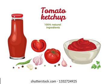 Ketchup set. Tomato sauce in bowl and in glass bottle isolated on white background. Fresh tomatoes, parsley, garlic, chili pepper, peppercorn. Vector illustration of dip, vegetables and spices.