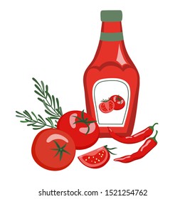 Ketchup set. Vector ketchup bottle, tomatoes and chili pepper. 