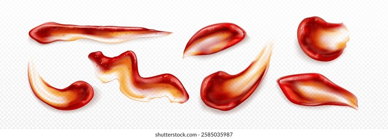 Ketchup smears set isolated on transparent background. Vector realistic illustration of fresh tomato sauce splash, red fruit or vegetable barbecue condiment texture, spicy food seasoning top view