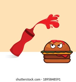 Ketchup spilled on fast food burger looking at the bottle with angry expression. Unique and funny food joke can be used for posters, memes, or any other food or funny stuff related graphic design.