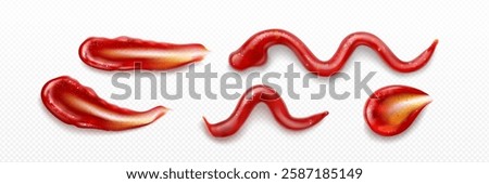 Ketchup splash collection - glossy red sauce drops and waves on transparent background. Realistic tomato condiment streams of different shapes and curves. Appetizing fluid elements for food design.