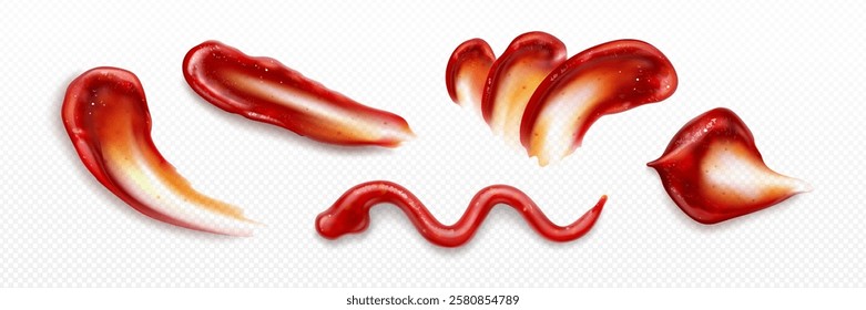 Ketchup splash collection with various liquid shapes - curved swirl, wavy streak, flowing drops in bright red color. Sauce or condiment smears with realistic 3d texture on transparent background.