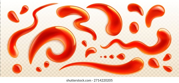 Salpicadura de kétchup con gotas rojas realistas y gotas sobre fondo transparente. Tinción de salsa de tomate de Vector 3D con textura líquida, llovizna fluida y efecto de salpicadura para el diseño de ilustración de alimentos.