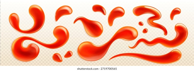 Salpicadura de kétchup con gotas rojas realistas y gotas sobre fondo transparente. Tinción de salsa de tomate de Vector 3D con textura líquida, llovizna fluida y efecto de salpicadura para el diseño de ilustración de alimentos.