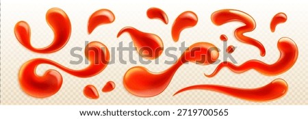 Ketchup splash with realistic red drops and drips on transparent background. 3D vector tomato sauce stain with liquid texture, flowing drizzle and splatter effect for food illustration design.