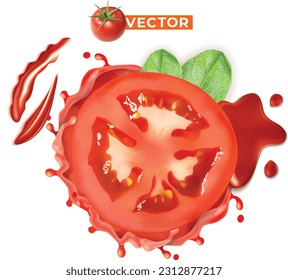 
ketchup splash Spread with tomatoes both full and sliced ​​in half on white background. Bright red color and refreshing realistic vector.