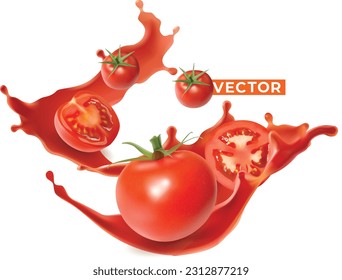 
ketchup splash Spread with tomatoes both full and sliced ​​in half on white background. Bright red color and refreshing realistic vector.