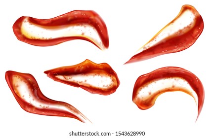 Ketchup splashes set top view, tomato sauce splatter blobs isolated on white background. Liquid chili paste smears, mock up design elements for food ads. Realistic 3d vector illustration, clip art