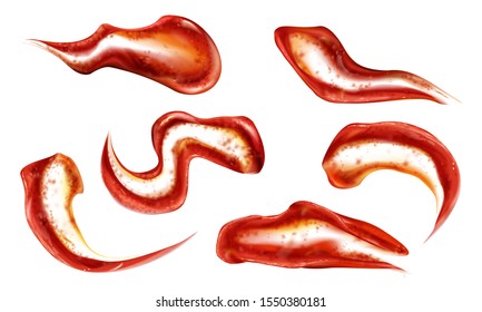 Ketchup splashes set top view, tomato sauce splatter blobs isolated on white background. Liquid chili paste smears, mock up design elements for food ads. Realistic 3d vector illustration, clip art