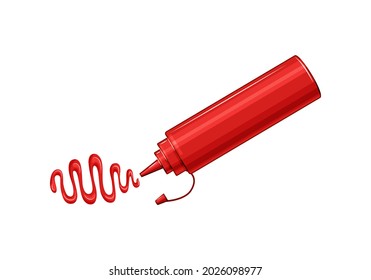 Ketchup is squeezed out of the bottle. Tomato sauce seasoning on a white isolated background. Vector illustration of a cartoon.