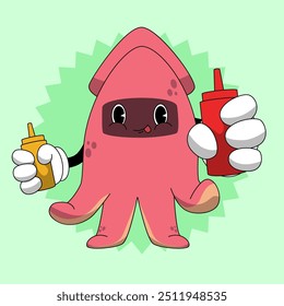 Ketchup Squid Character Illustration Vintage and Retro Style