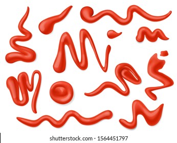 Ketchup stains and splashes, tomato sauce red splats and smears 3d vector design of food condiment and spice. Realistic drops, splatters and blobs of sour vegetable paste and catsup