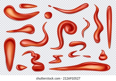 Ketchup stains and splashes, tomato sauce red splats and smears 3d. Tomato sauce red spots and smears, drops for paste and catsup blobs. Vegetable seasoning barbecue sour food