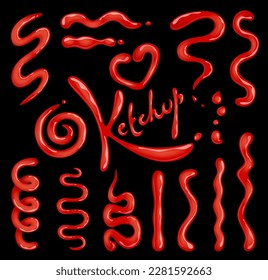 Ketchup stains, squeeze and splashes vector set. Red tomato sauce splats and smears. Isolated cartoon food condiment and spice drops, splatters, blobs in shape of heart or swirl, paste catsup strokes