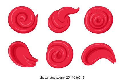 Manchas de ketchup. Salsa de tomate, salpicaduras de salsa de chile caliente, salsas de aderezo de comida chatarra conjunto de Ilustración vectorial plana. Frotis de ketchup rojo de dibujos animados