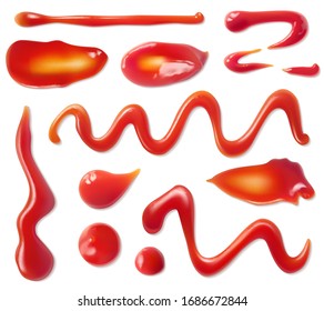 Пятна от кетчупа. Томатный соус красные пятна и мазки, капли для пасты и кетчупа. Овощная приправа барбекю кислая еда реалистичный 3d вектор