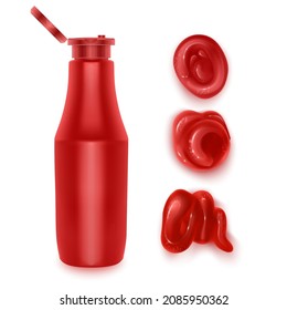 Ketchup stains. Tomato sauce red spots and smears, drops for paste and catsup blobs. Vegetable seasoning sour food realistic 3d vector format