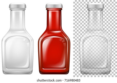 Ketchup style glass bottles on white and transparent backgrounds