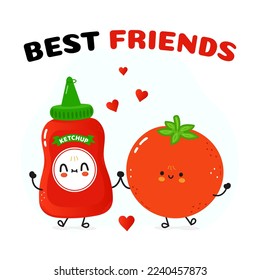 Ketchup and tomato card. Vector hand drawn doodle style cartoon character illustration icon design. Happy ketchup and tomato friends concept card