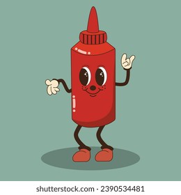 Ketchup, salsa de tomate. Groovy carácter de comida rápida de estilo retro. Diseño de la comida. Ilustración vectorial. Nostalgia de los años 70, 80, 90. Estilo moderno retro psicodélico. Estética del año 2000.