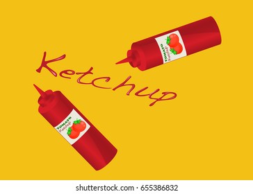 ketchup or tomato sauce on bottle and splash making text isolated on orange background. vector illustration