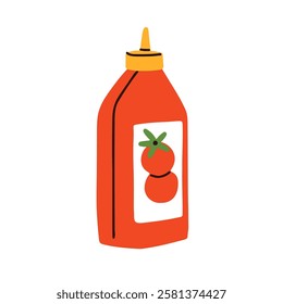 Ketchup, tomato sauce. Red plastic squeeze bottle with dressing, topping for food. Liquid condiment, seasoning. Kitchen ingredient, product. Flat vector illustration isolated on white background