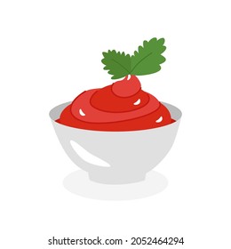 Ketchup, tomato sauce in a white cup, side view. Vector illustrations in cartoon flat style. For labels, design, banners, advertising.