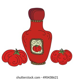 Ketchup and tomatoes. Vector illustration.