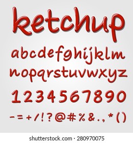 Ketchup vector alphabet. Tomato sauce ABC letters, hand-made font.
