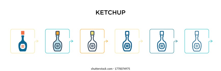 Ketchup Vektorsymbol in 6 verschiedenen modernen Stilen. Schwarze, zweifarbige Ketschup-Icons, die im vollen, Umriss-, Linien- und Strichstil entworfen wurden. Vektorgrafik kann für Web, Mobile, i