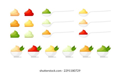 Ketchup, wasabi, mostaza, queso, champiñones y salsas de ajo en cuencos y cucharas blancas. Iconos de dibujos animados planos vectores de mantequilla blanca, patata, puré de melocotón o calabaza, vista lateral