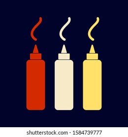 Ketchup,mayonnaise and mustard squeeze bottle vector icon. Blue background